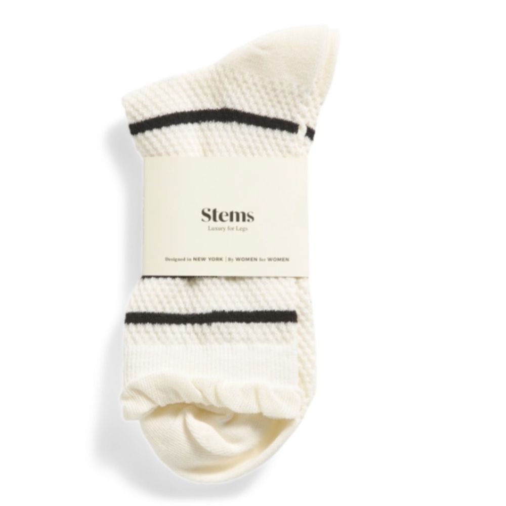 Stems 1 Pair Ivory Black Stripes Ribbed Ruffled Lettuce Hem Stretch Cotton Socks